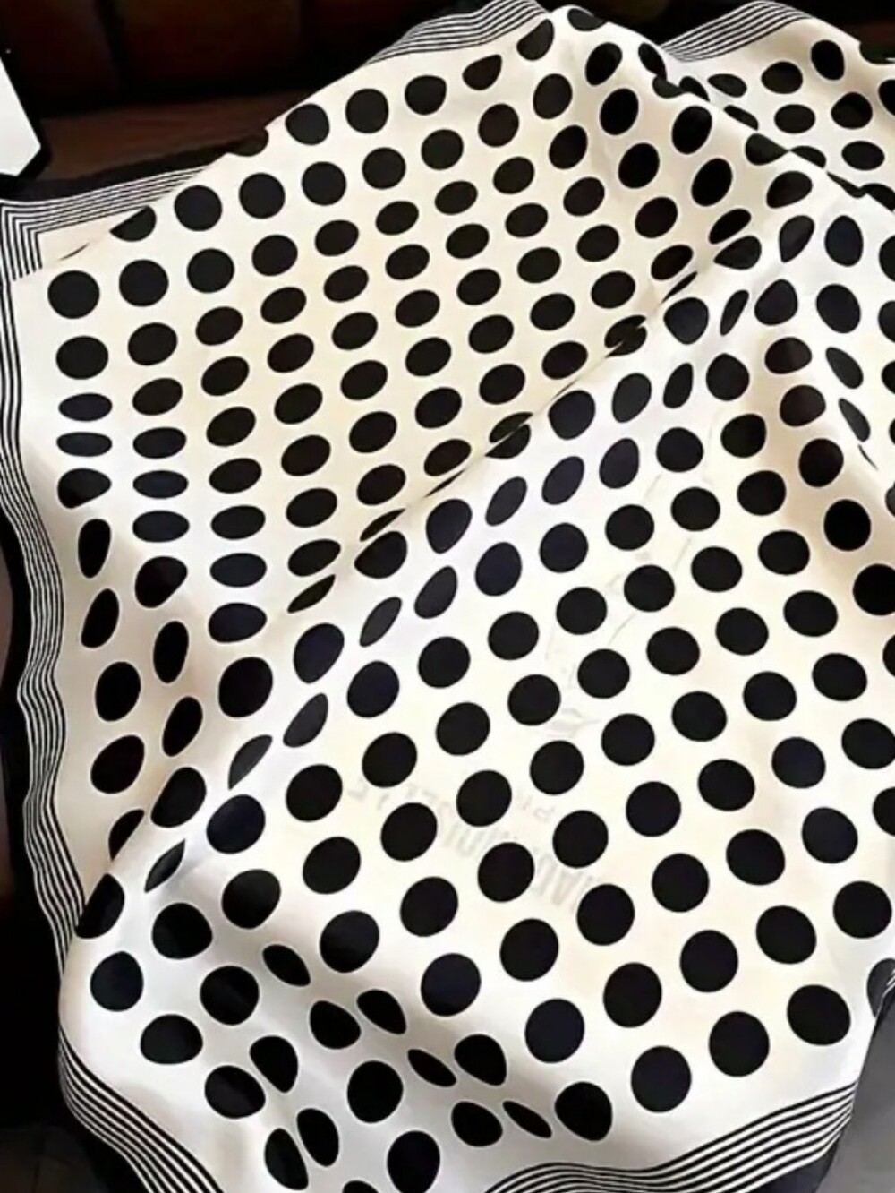 Silk-feel Black and Cream Polka Dot Scarf Head Scarf, Neck Scarf 70×70cm - Picture 2 of 4